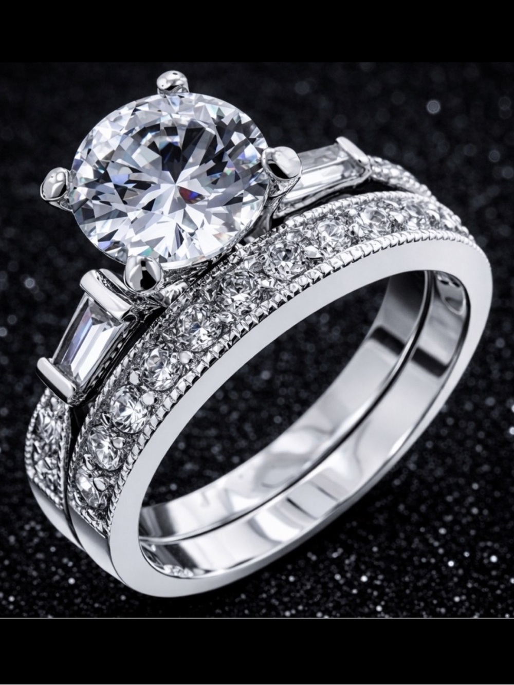 Round Baguette Pave Cz solitaire diamond Engagement ladies band Wedding Ring Set